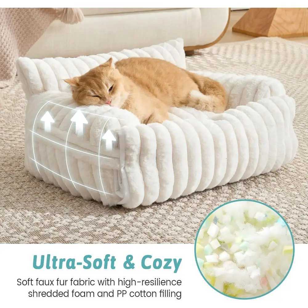 Soft Plush Faux Fur Cat and Small Dog Bed with Removable Cover Multifunctional Couch in Cream Size S 255x175 M251217