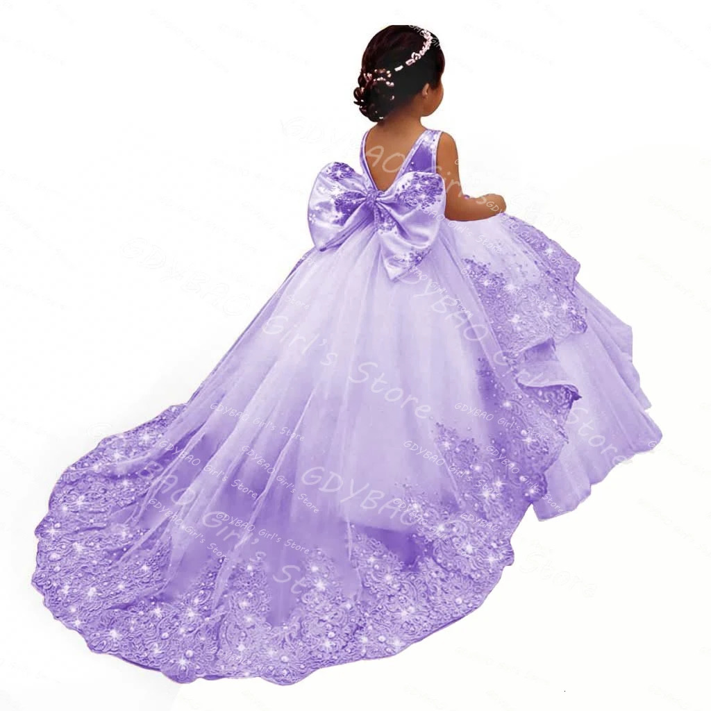Sky Blue Princess Pageant Dress With Train Birthday Gown Kids Beaded Lace Flower Girl Dress Customized Wedding Party Frock 251216