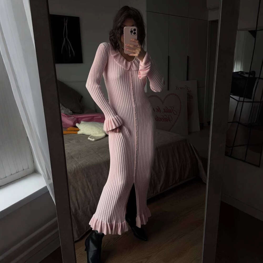 New French Pink Elegant For Women Sweet Style Ruffled Sleeve Slim Fit Single-Breasted Long Dress B5