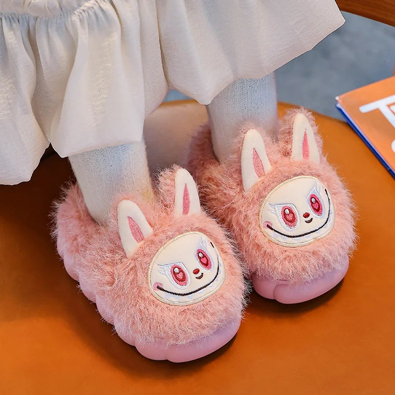 Winter Childrens Cotton Shoes 2025 Cute Warm Plush Girls Boys Slippers Faux Fur Anti Slip Flat Home Woman Slippers 251212
