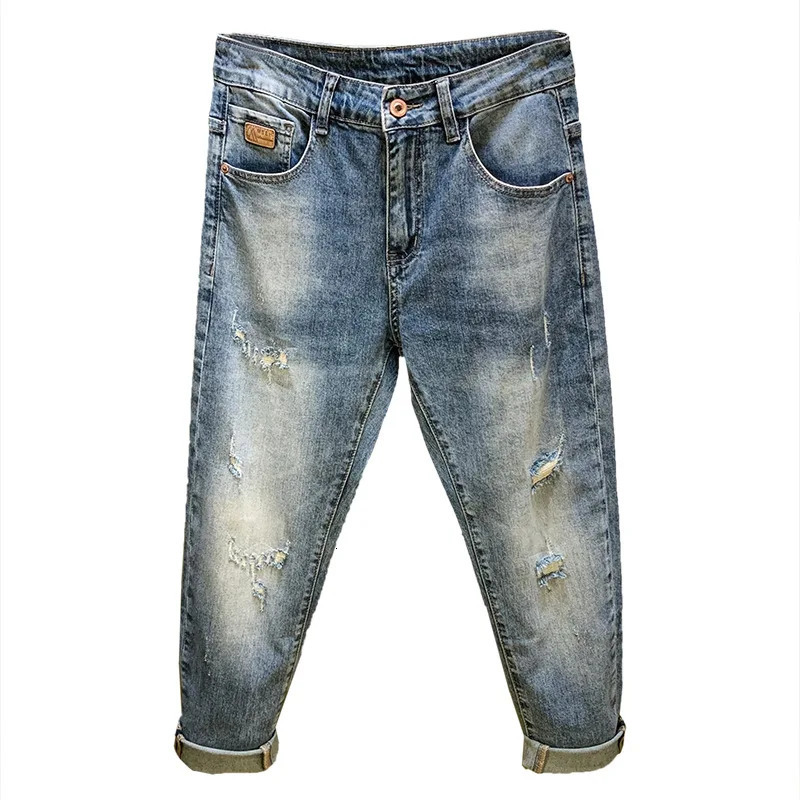 Nine point ripped denim jeans for men in the summer of 2025 thin and trendy retro washed n leg elastic pants y251205