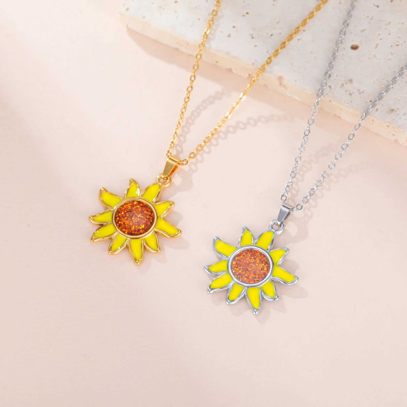 Teamer Enamel Sunflower Pendant Necklace Gold Color Stainless Steel For Women Fashion Plant Floral Amulet Jewelry Gift 2025 New G251217