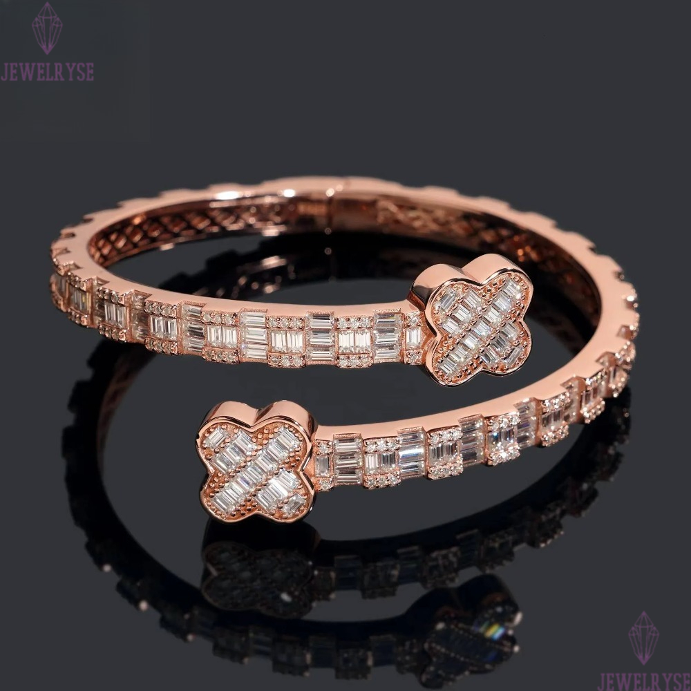 Men's Hip Hop Iced Out Bracelet - Sterling Silver Good Luck Clover Bangle with Moissanite