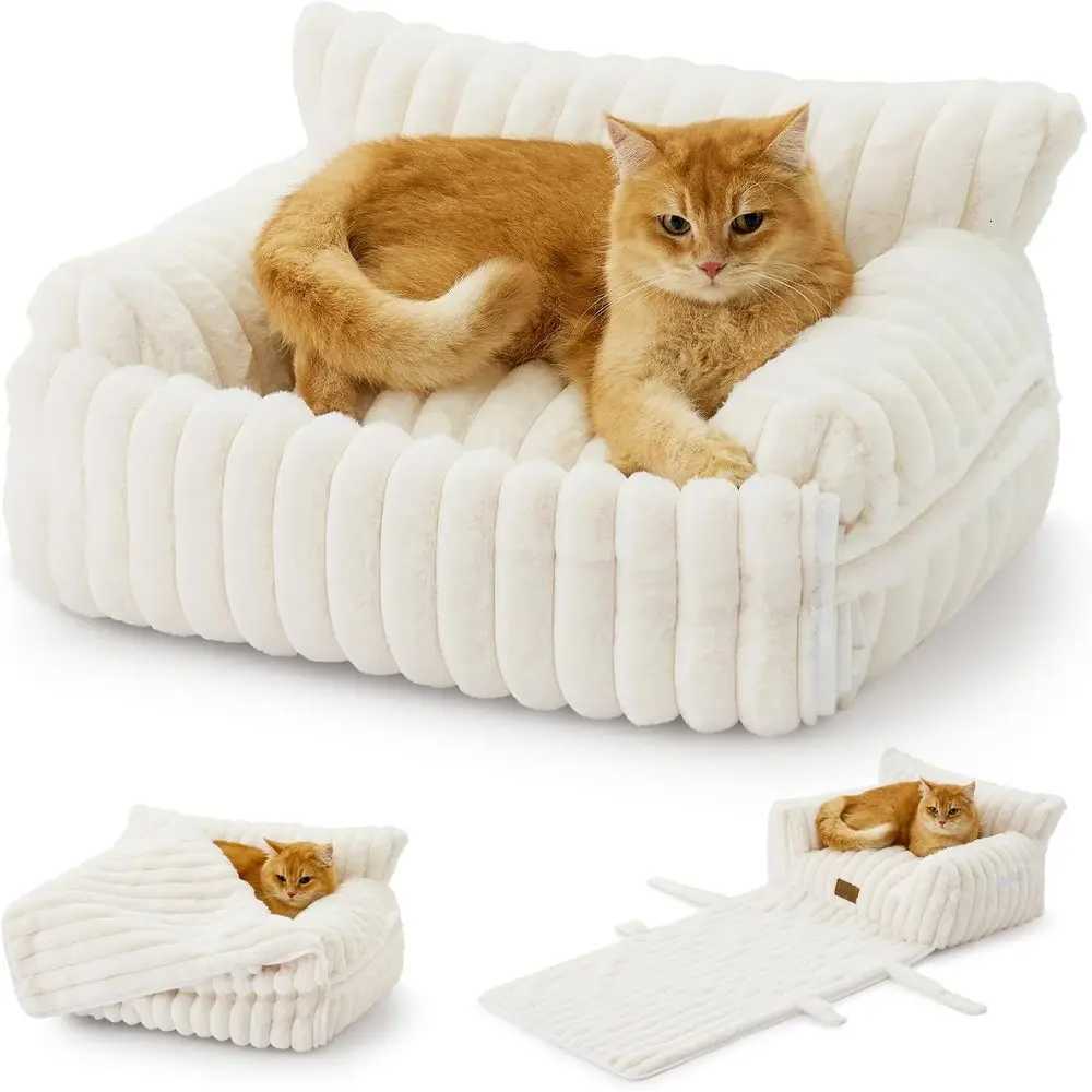 Soft Plush Faux Fur Cat and Small Dog Bed with Removable Cover Multifunctional Couch in Cream Size S 255x175 M251217