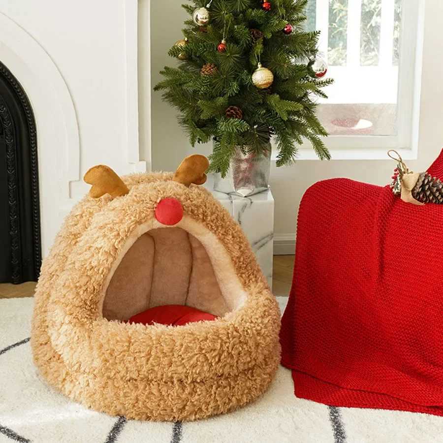 Enclosed Cat Bed Brown Christmas Mat Plush New Year Style Indoor Indestructible Hut Cute Nest Funny Katzenhaus Cats Accessories M251217