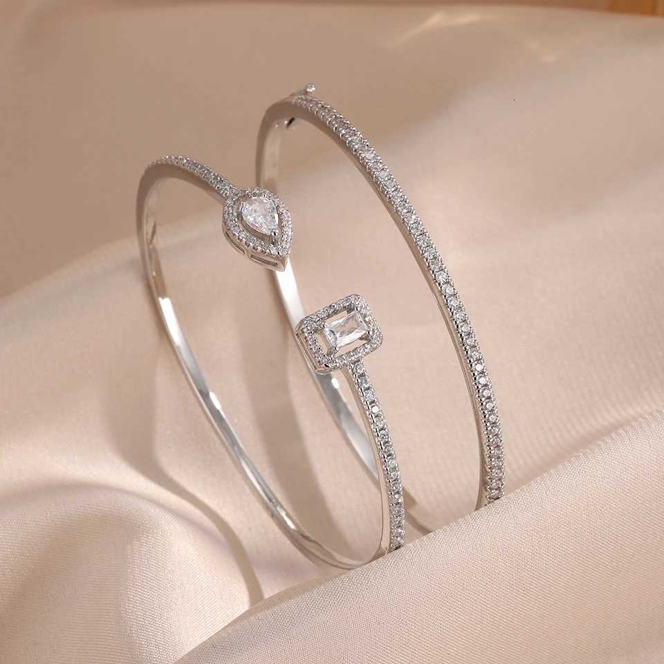 ZAKOL Classic Geometric AAA Cubic Zirconia Open for Women Shiny Crystal Engagement Wedding Party 2 Pcs Bangle Set M251217