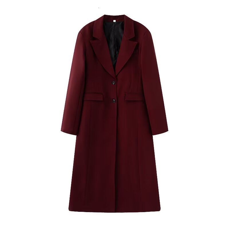 Burgundy Red Long Coat Womens Collar Single Button Full Sleeve Womens Jacket Spring/Summer Womens Office Coat 250409