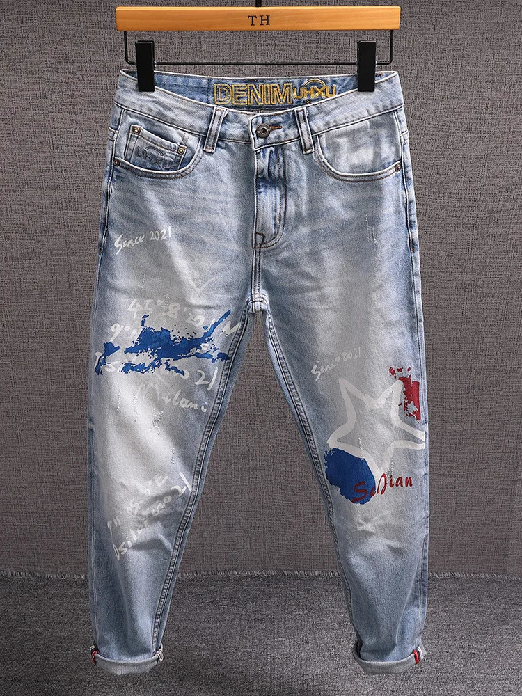 Slim Straight Jeans Men Trendy Printed n Streetwear Fashion Vintage Washed Stretch Handsome Mens Pants 251205