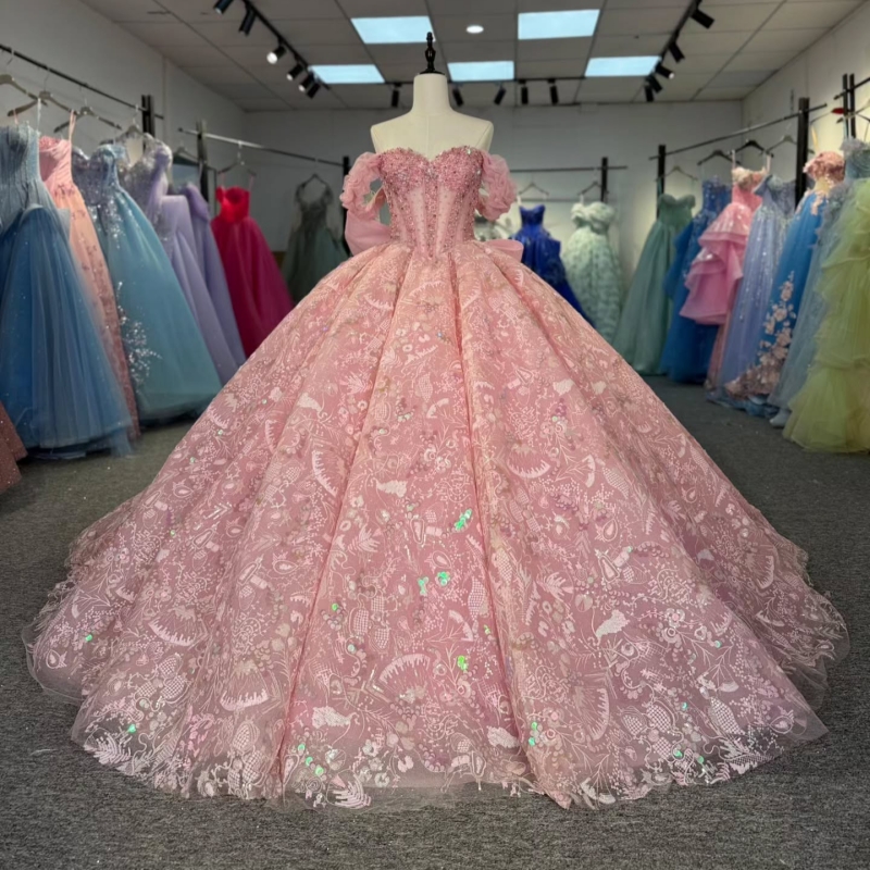 Pink Quinceanera Dresses Off The Shoulder Sequin Applique Beading Bow Tull Party Birthday Sweet 16 Dress Vestidos 15 De Anos