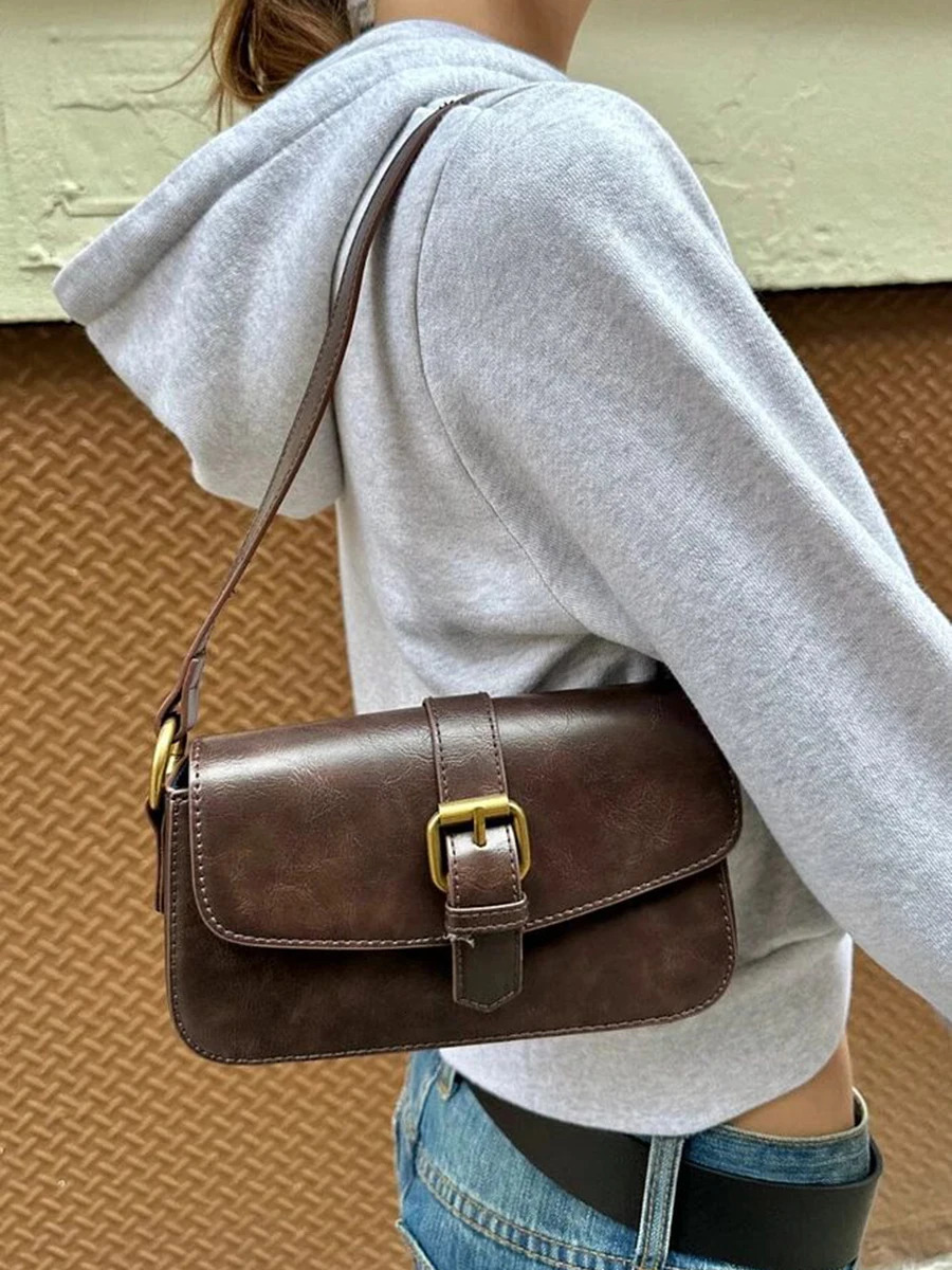 Brown Buckle PU Shoulder Bags Women Four Season American Vintage Streetwear Fashion Preppy Style Sweet Handbags Y2k 251215