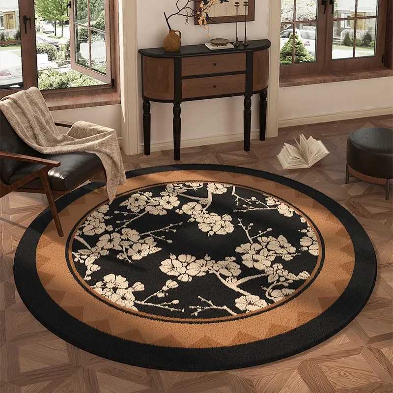 White Plum Bloss Round Carpet Non Slip Floor Mat Black Brown Oriental Design For Living Ro Study Ro He Decor Rug Y251216