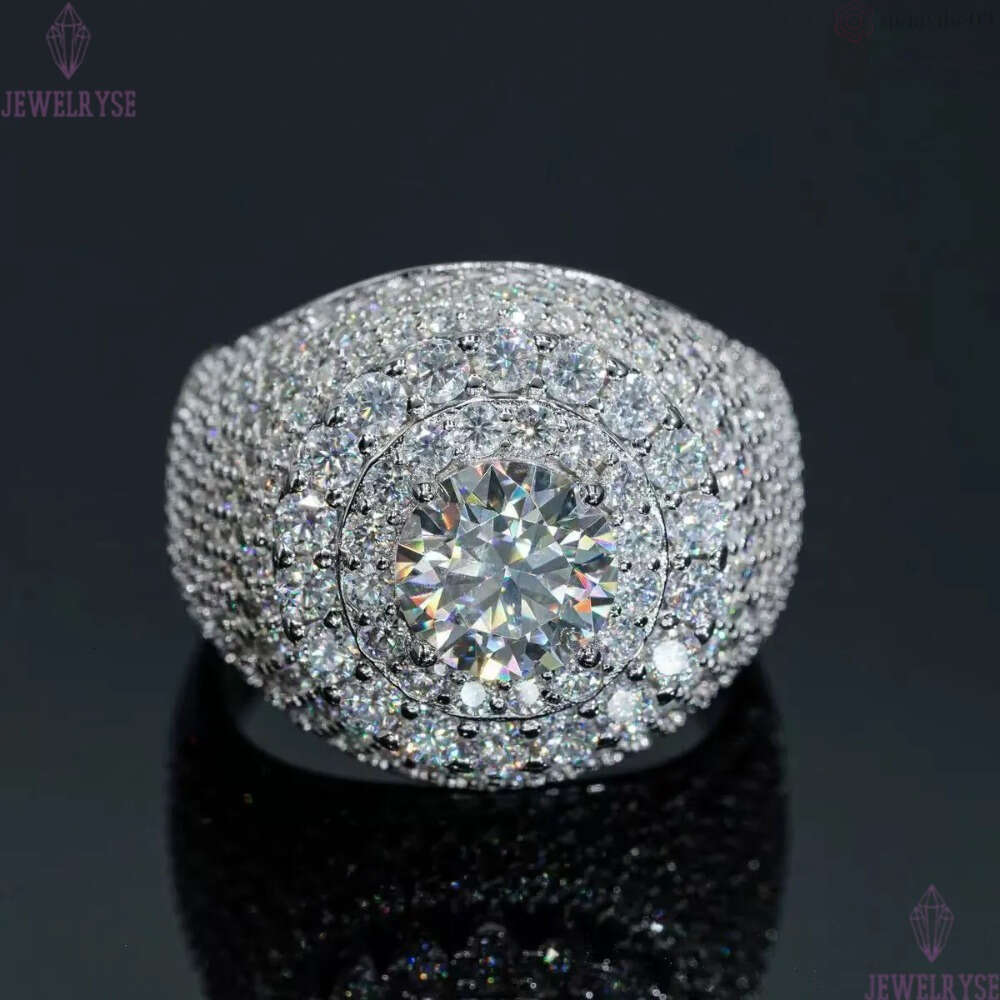 Hip Hop VVS D Color Moissanite Bling Mens Cluster Double Halo Signet Ring With 925 Sterling Silver Pass Diamond Tester GRA A