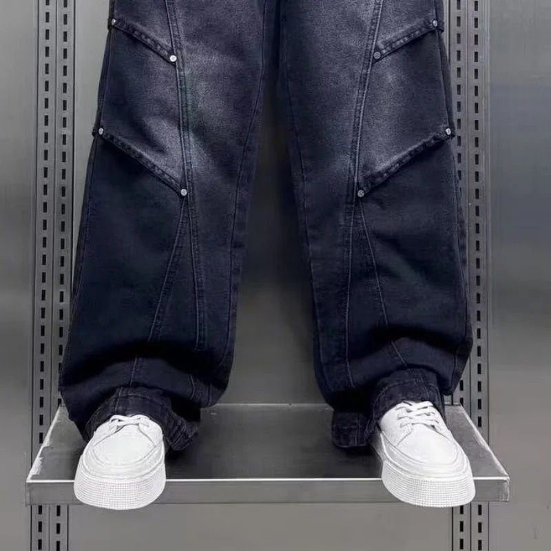 HighEnd Black Washed Straight Leg Jeans Loose Fit 2025 Trendy High Street Casual Pants for Men 251205