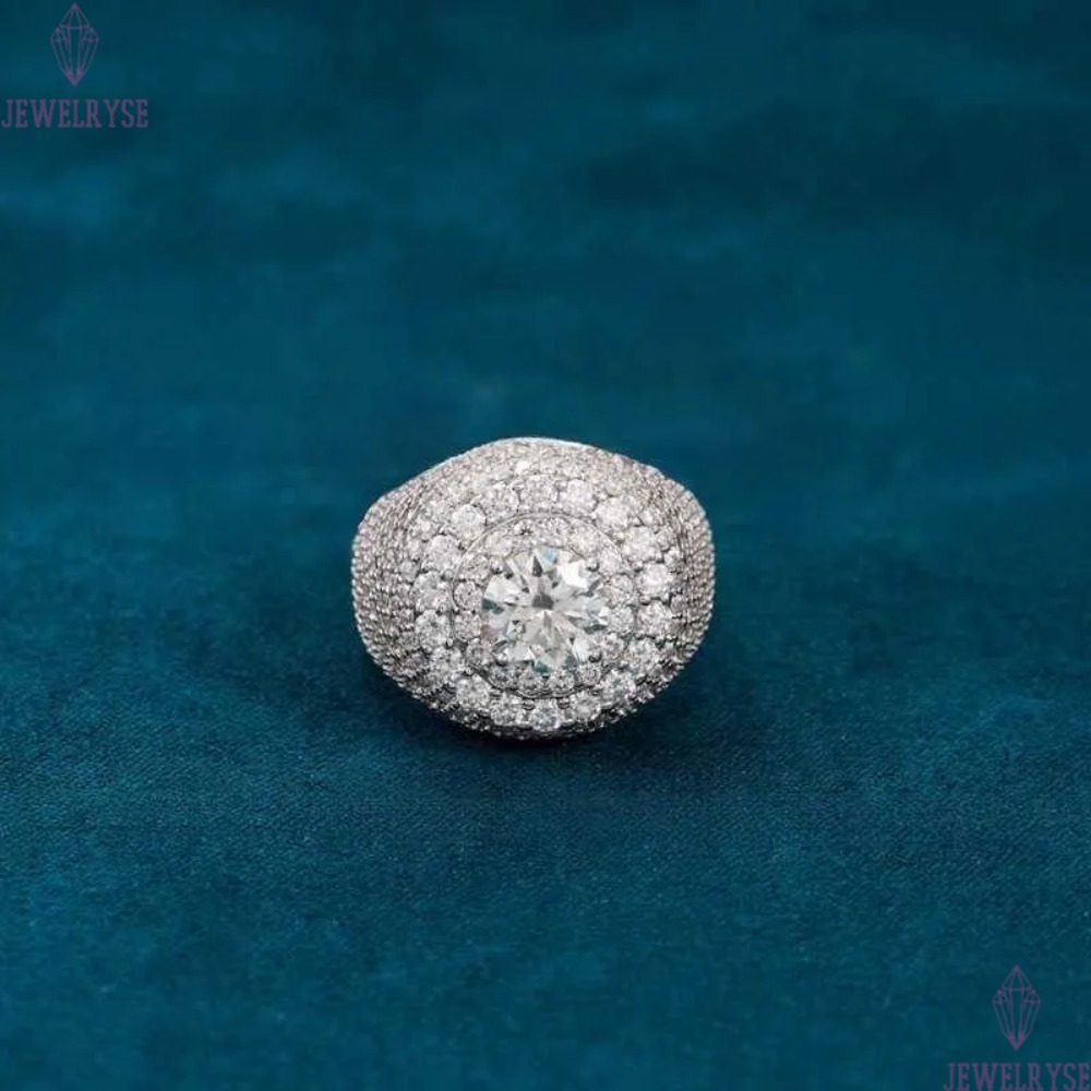 Hip Hop VVS D Color Moissanite Bling Mens Cluster Double Halo Signet Ring With 925 Sterling Silver Pass Diamond Tester GRA A