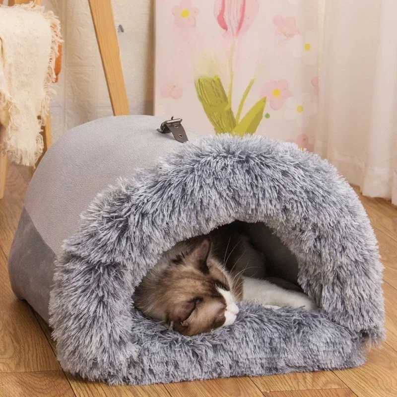 Winter Plush Cat Bed Large Size Dog Kennel Warm Cat House Villa Comfort Kitten Nest Closed Cats Home Puppy Sleep Mat M251217