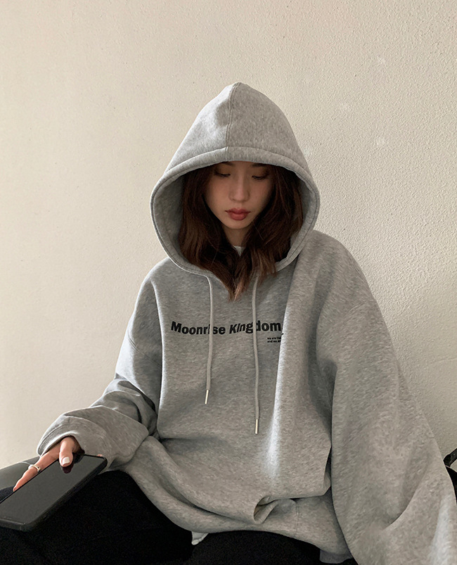 New Arrival Women's Letter Print Fleece-lined Navy Blue Hoodie - Loose Pullover Top Coat for Female Students, Trendy Style for Autumn & Winter