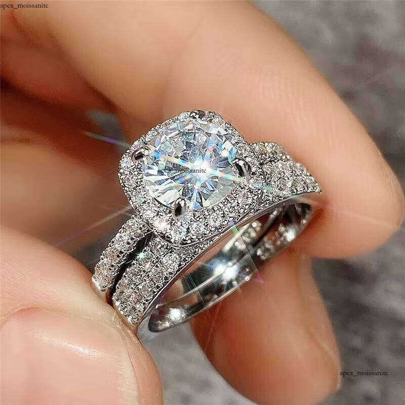 fashion Silver VVS Moissanite White Gold Geometric Crystal Diamond Wedding Ring Couple Set - view 3
