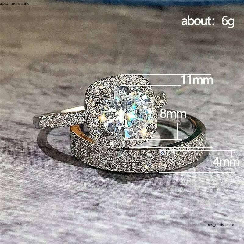 fashion Silver VVS Moissanite White Gold Geometric Crystal Diamond Wedding Ring Couple Set - view 6