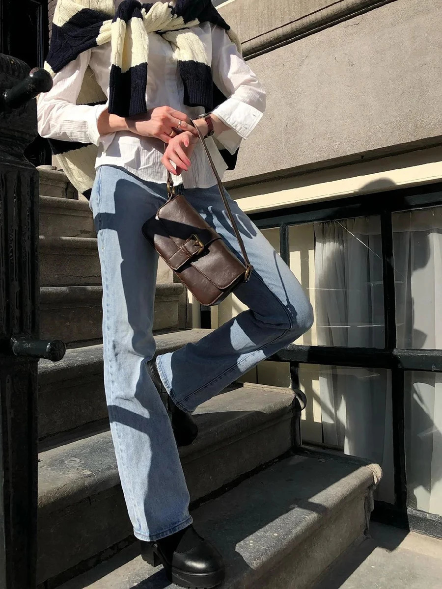 Brown Buckle PU Shoulder Bags Women Four Season American Vintage Streetwear Fashion Preppy Style Sweet Handbags Y2k 251215