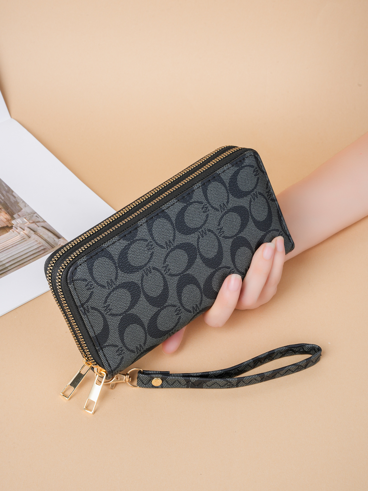 Ladies' printed wallet, multi-function long wallet, large-capacity double-zip wristlet handbag, wristlet phone multi-function wallet, men's 