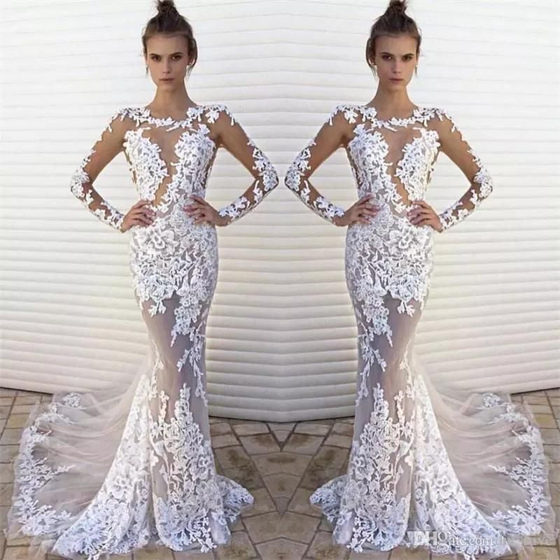 Elegant Full Lace Mermaid Wedding Dresses Jewel Neck Appliqued Tulle Illusion Long Sleeve Bridal Gowns Plus Size Bride Robes De mariee BC10767