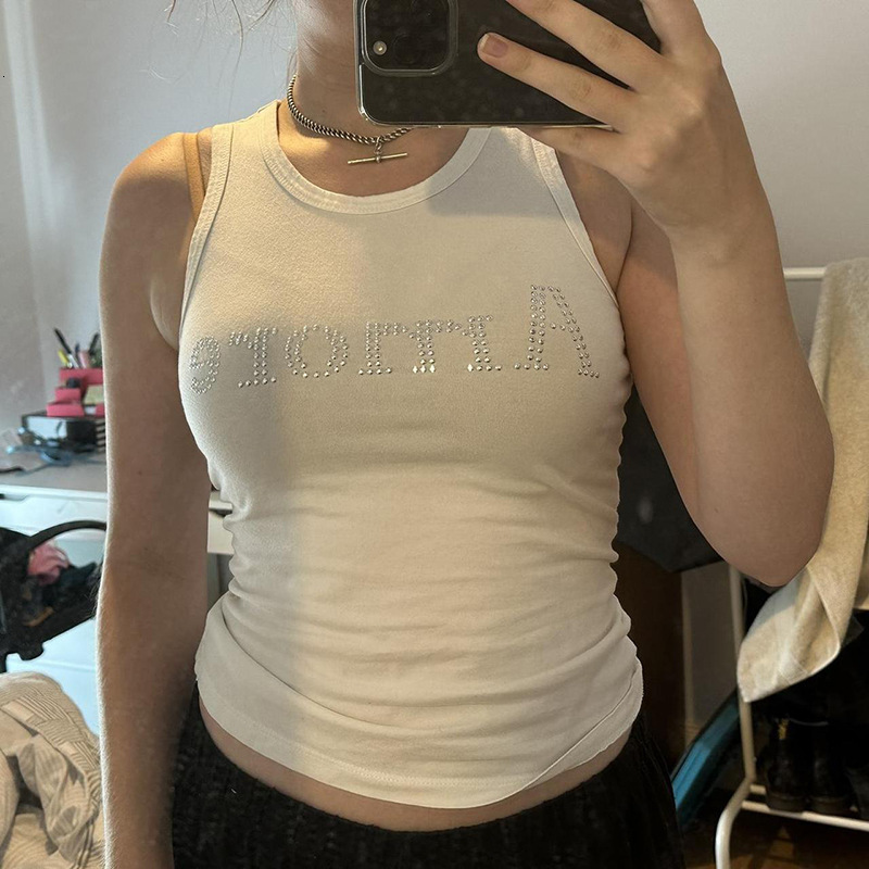 Vintage Punk Rhinestone Letter Gothic Streetwear Short Sleeve T Shirts Y2k Style Tank Top Y2k Style T Shirts Women Summer Tops 250411