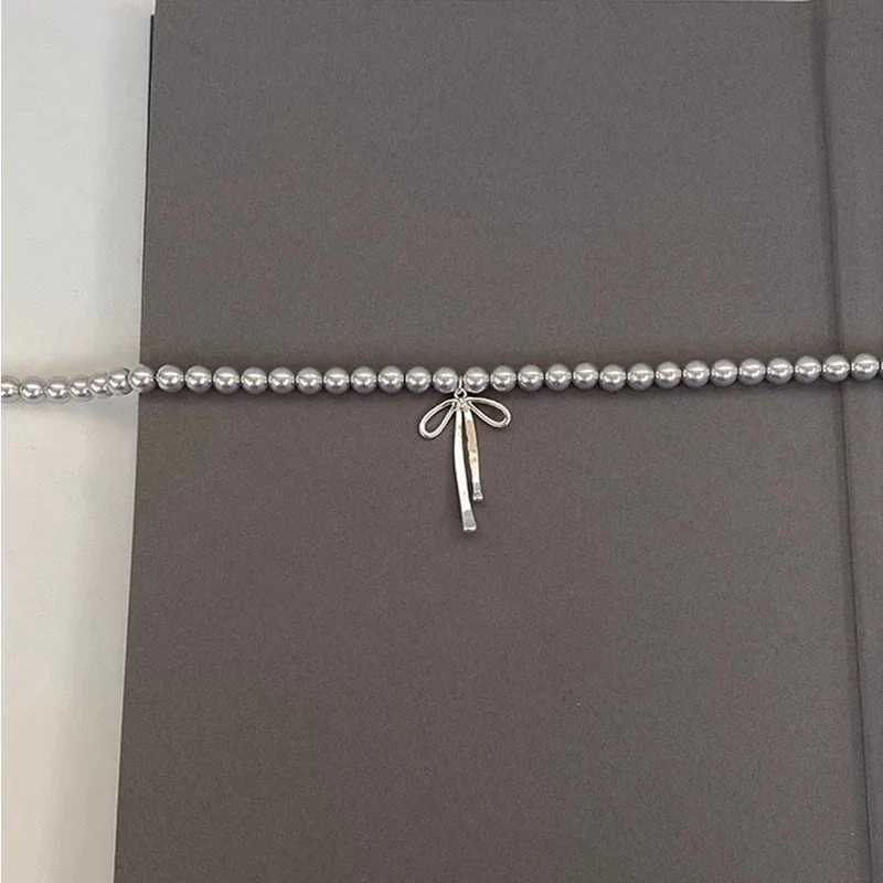 LATS Gray Pearls Bowknot Pendant Necklace for Women Girls Graceful Butterfly Choker Chain Jewelry Gift Accessories G251217