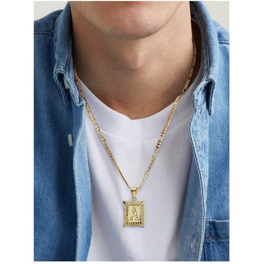 Initial Necklace Square Letter Pendant Necklace Capital Monogram Necklace Alhpabets From A-Z Figaro Chain Necklace G251217