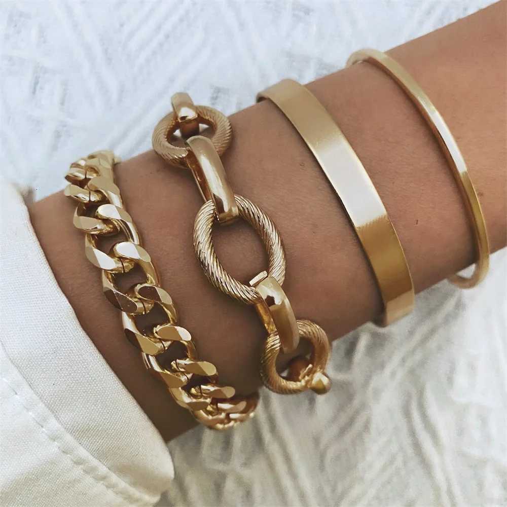 4Pcs Punk Heavy Metal Big Thick Chain Set Women Retro Geometric Metal Twist Chain Bangles Fashion Jewelry M251217
