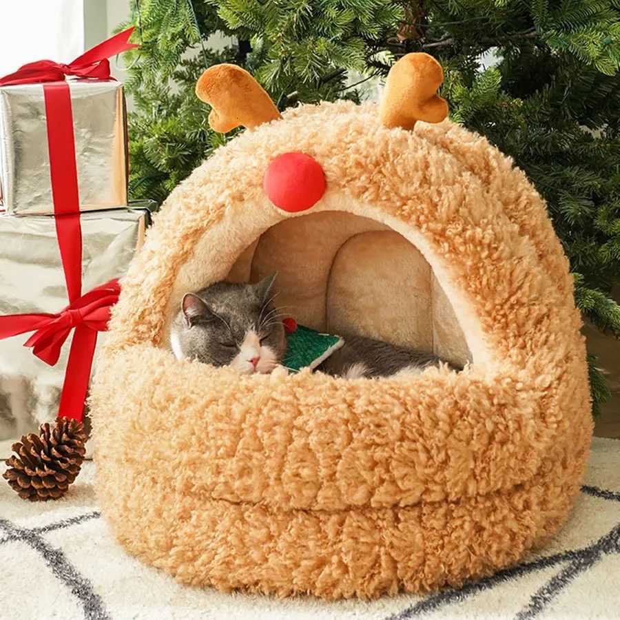 Enclosed Cat Bed Brown Christmas Mat Plush New Year Style Indoor Indestructible Hut Cute Nest Funny Katzenhaus Cats Accessories M251217