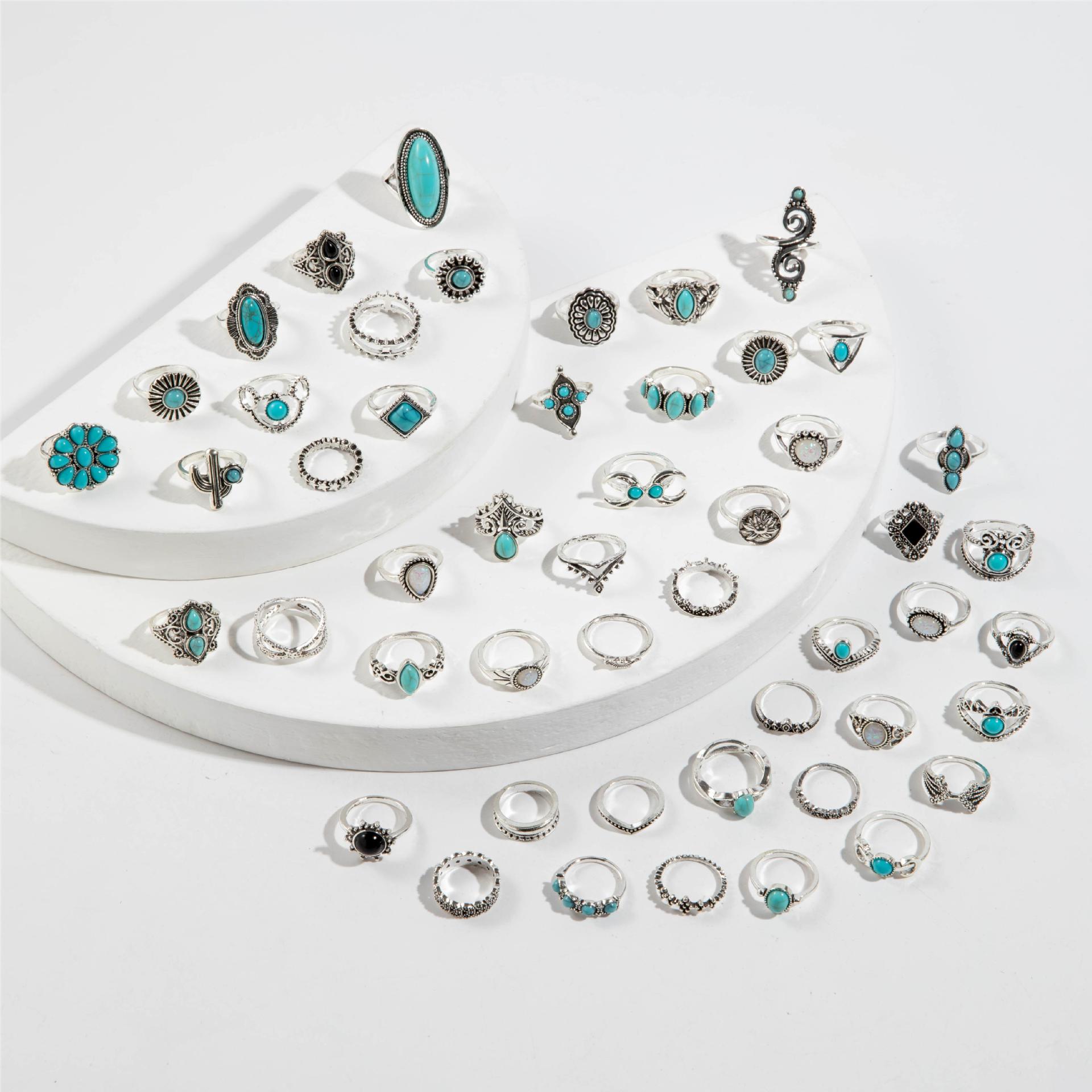 30pcs/Lot Factory Wholesale Ethnic Style Turquoise Stone Finger Rings For Women Tai Silver Plated Flower Cutout Snake Spider Animal Leaf Love Snake Je