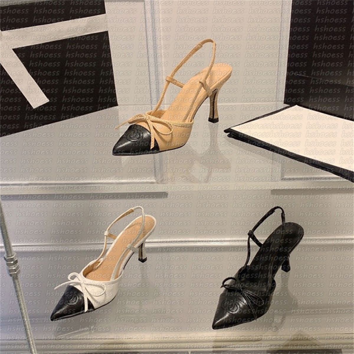 Designer Crystal Bow backless sandals Stiletto Heels Mesh Beige Black Veil Rhinestone Kitten Heels Ladies Luxury Lace-up Wedding Party Dress Shoes