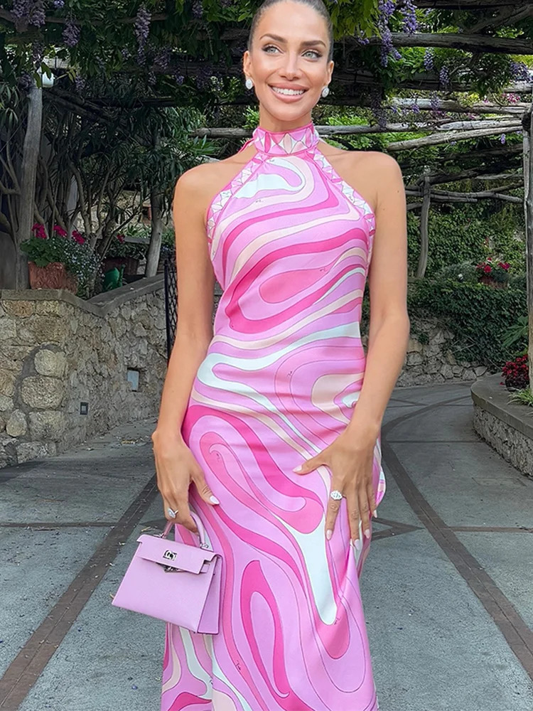 Sexy Print Halter Midi Dress Women Sleeveless Backless Lace Up Irregular Robe 2025 Summer Elegant Female Vacation Party Dresses 251213