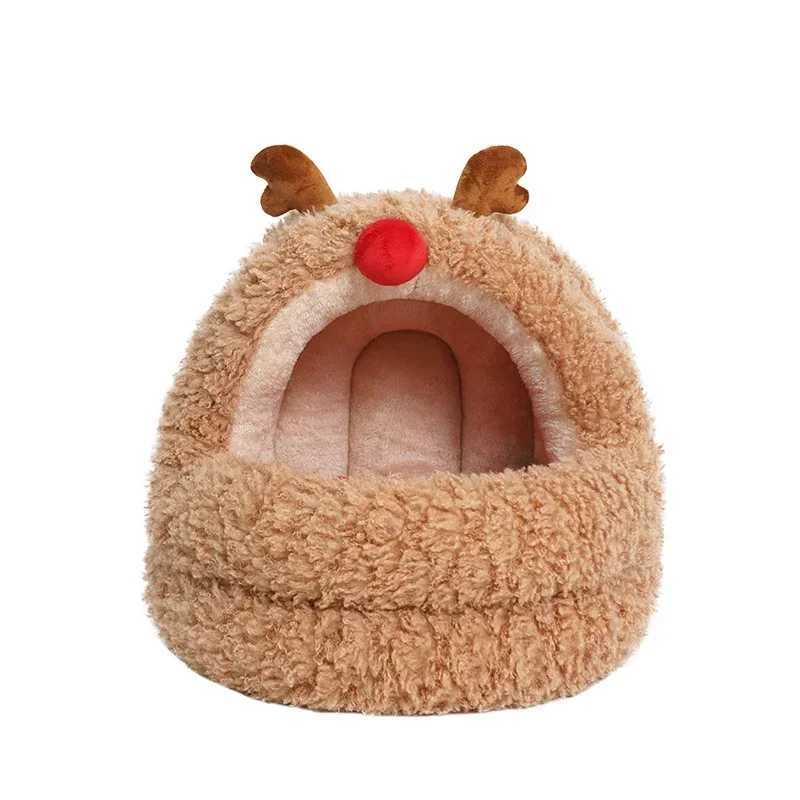 Enclosed Cat Bed Brown Christmas Mat Plush New Year Style Indoor Indestructible Hut Cute Nest Funny Katzenhaus Cats Accessories M251217