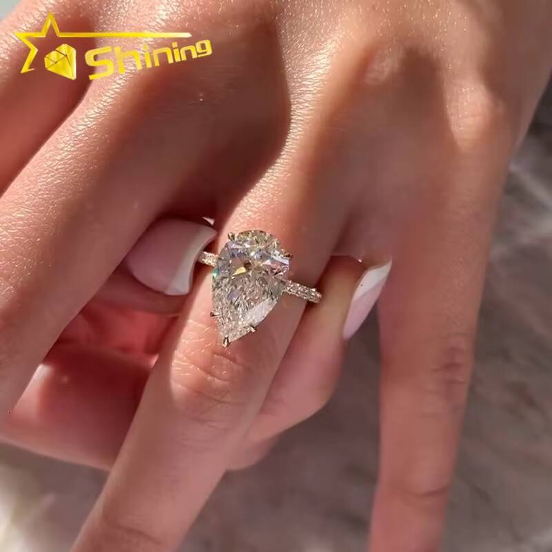 CVD/HPHT Lab Diamonds Solitair Plain Band Custom Luxury 14K Real Gold Pear Cut Moissanite Diamonds Wedding/Engagement Rings