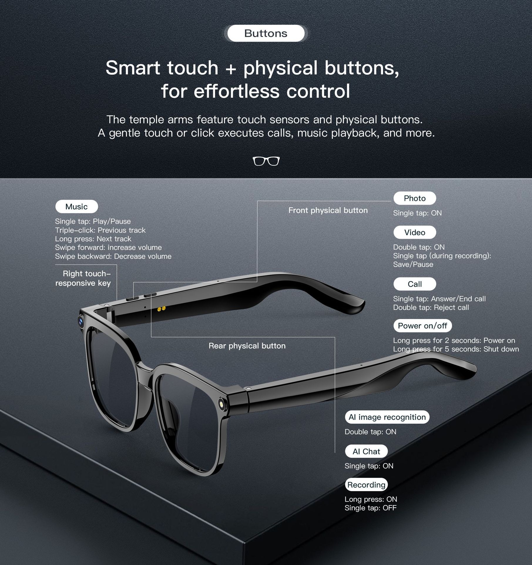 Smart Glasses With 8Mp Camera, Video Recording, Simultaneous Translation, Bluetooth Calling, And AI Capabilities.