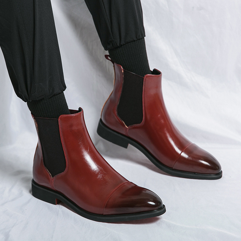 Spring and Autumn style pointed-toe slip-on large size men's boots British casual Chelsea boots high-top leather shoes red sole Martin boots