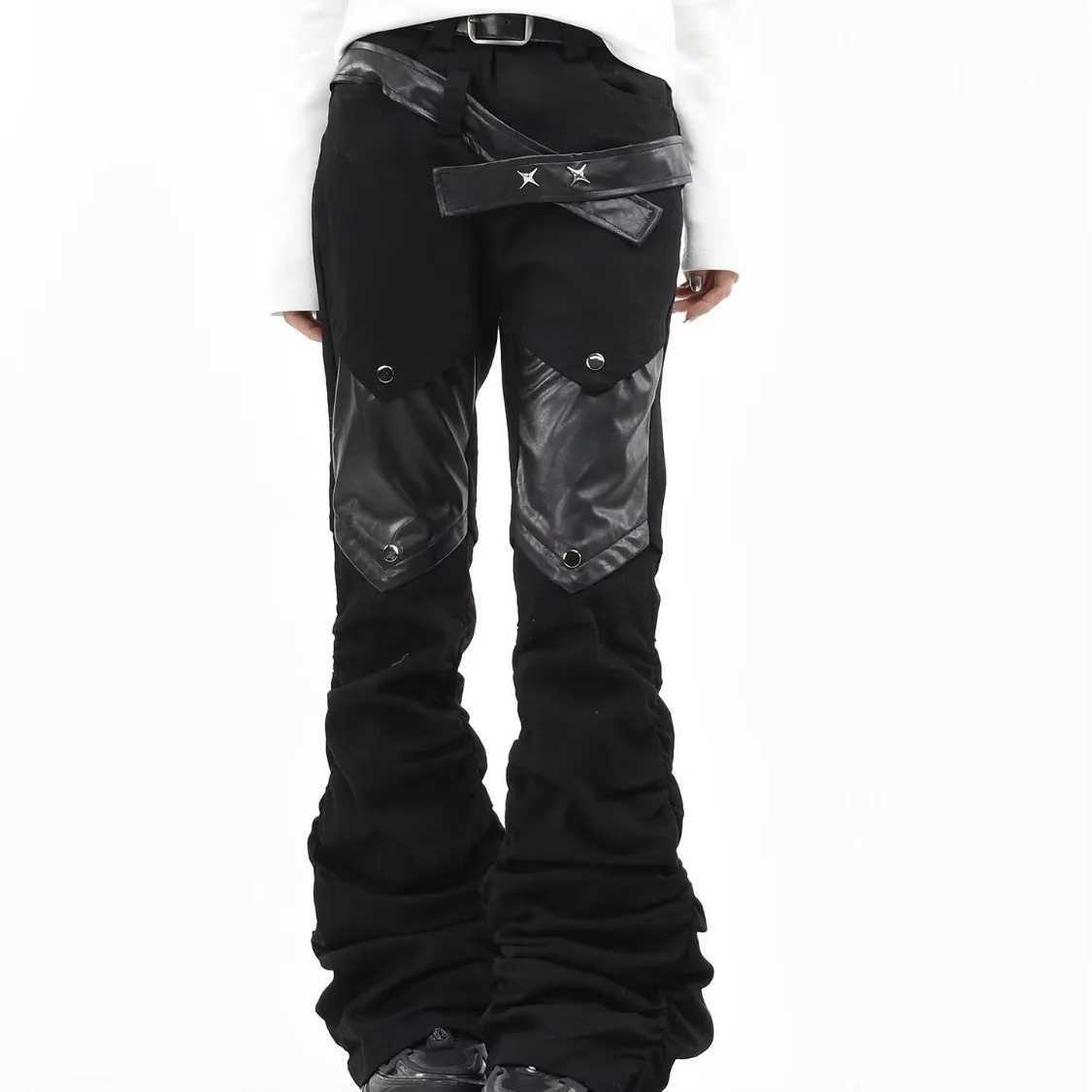 European and American Streetwear Pleated Pile Patchwork Mens and Womens Cyberpunk Rock PU Straight Leg Micro Flare Jeans M260319