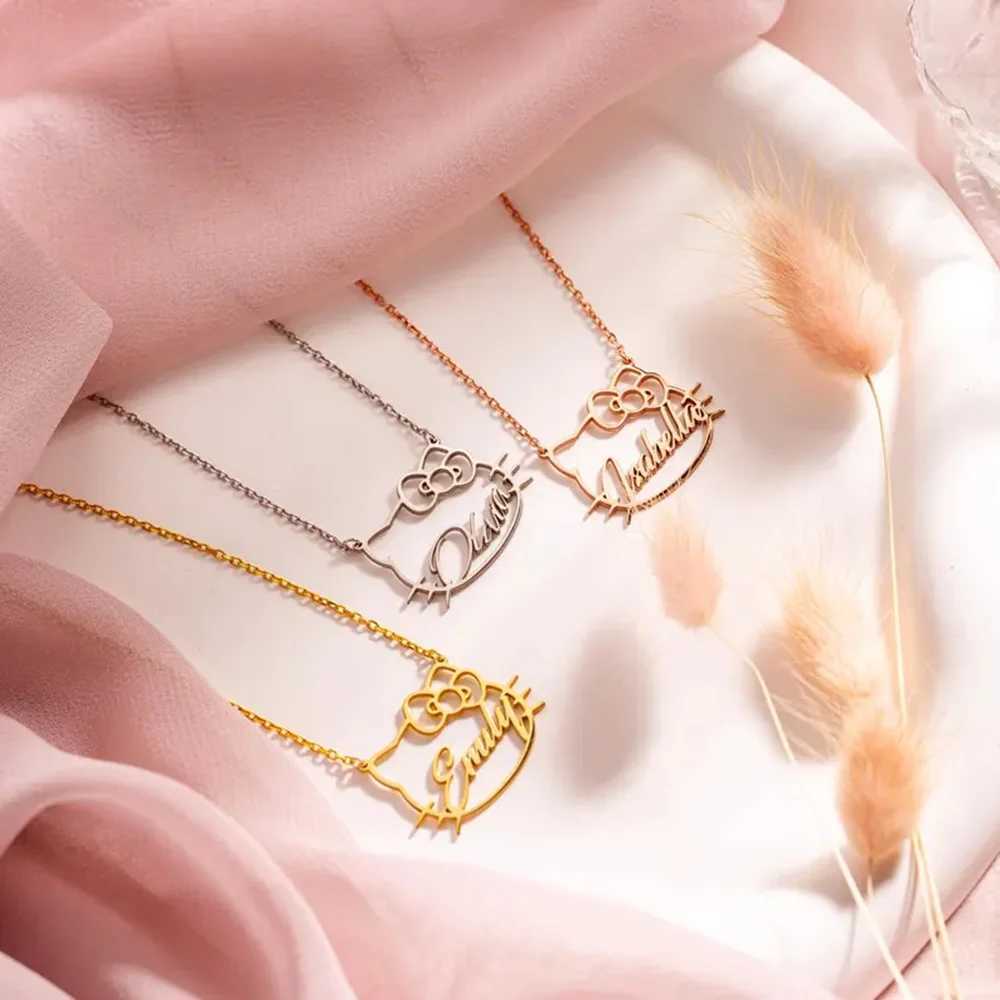 Personalized Name Necklace Custom Cute cat Pendant Stainless Steel Necklace Pet Cat Lovers Jewelry Birthday Gift for Her G251217