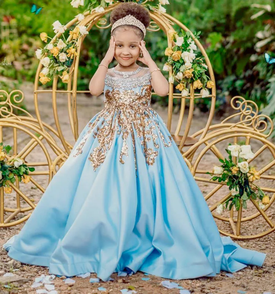 Light Blue Flower Girls Dresses For Weddings Gold Sequined Lace Appliques Silver Crystal Beaded Floor Length Birthday Children Kid Girl Pageant Gowns 