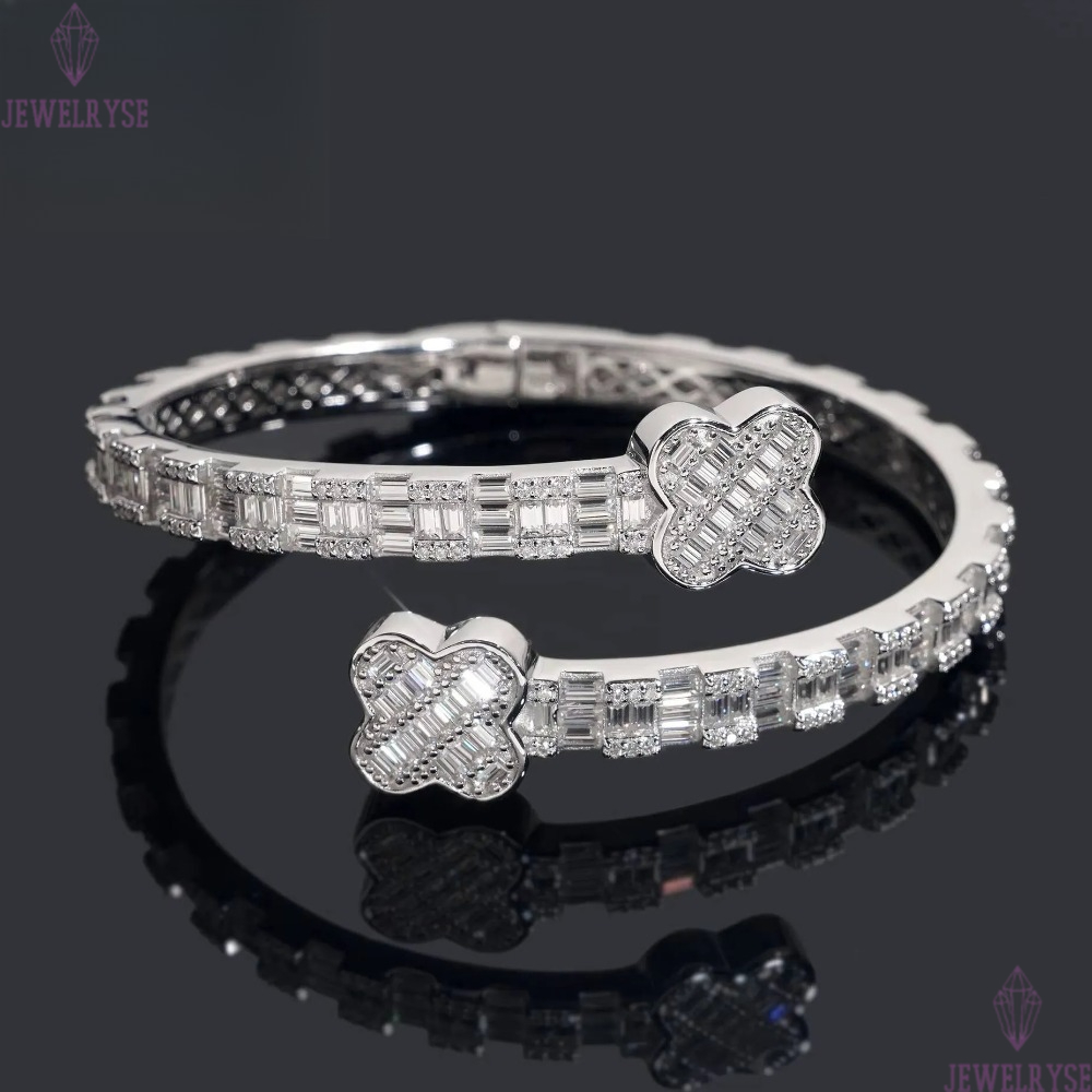 Men's Hip Hop Iced Out Bracelet - Sterling Silver Good Luck Clover Bangle with Moissanite