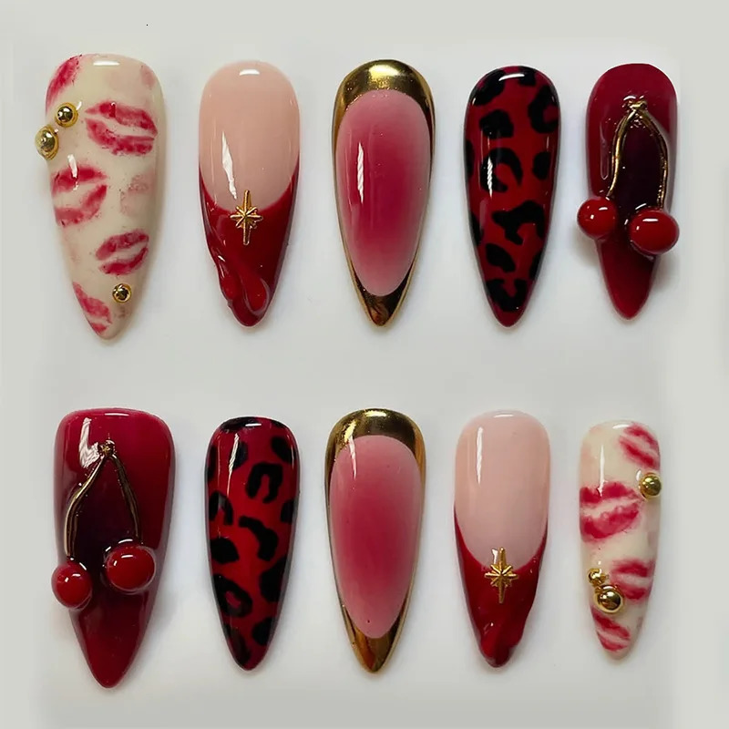 24pcs Red Almond False Nails Art Pearl Cherry Stick on Nail Tip Datachable French Leopard Print Short Press on Nails 251215