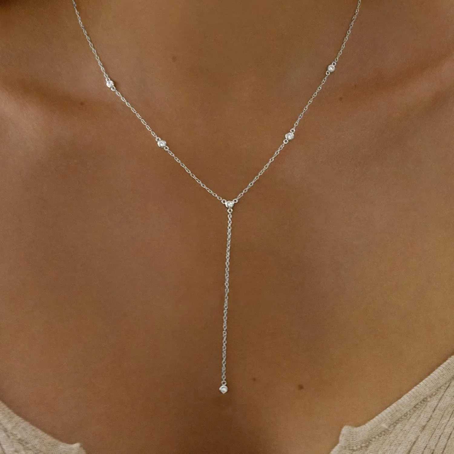 Gold Plated CZ Lariat Necklace for Women Boho Fashion Jewelry Women Silver Plated Necklace for Women Dainty Gold Necklaces G251217