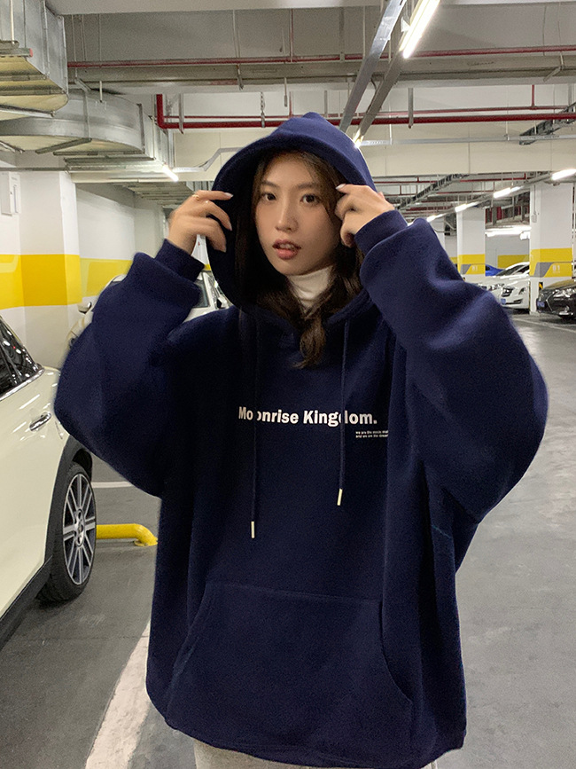 New Arrival Women's Letter Print Fleece-lined Navy Blue Hoodie - Loose Pullover Top Coat for Female Students, Trendy Style for Autumn & Winter