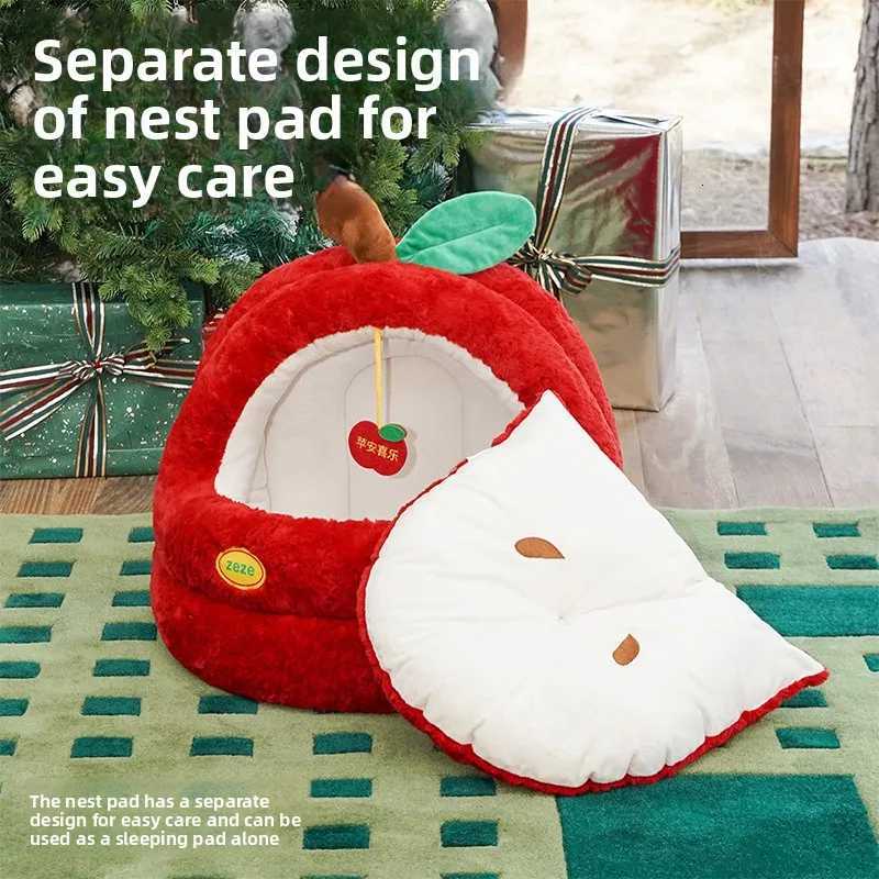 Winter Warm Kitty Tent with Semi-Enclosed Christmas Apple Cat Bed Plush Yurt Style Pet House Separable Cat Shelter for Indoor M251217