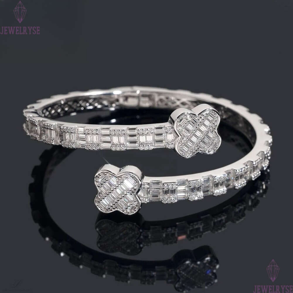 Men's Hip Hop Iced Out Bracelet - Sterling Silver Good Luck Clover Bangle with Moissanite