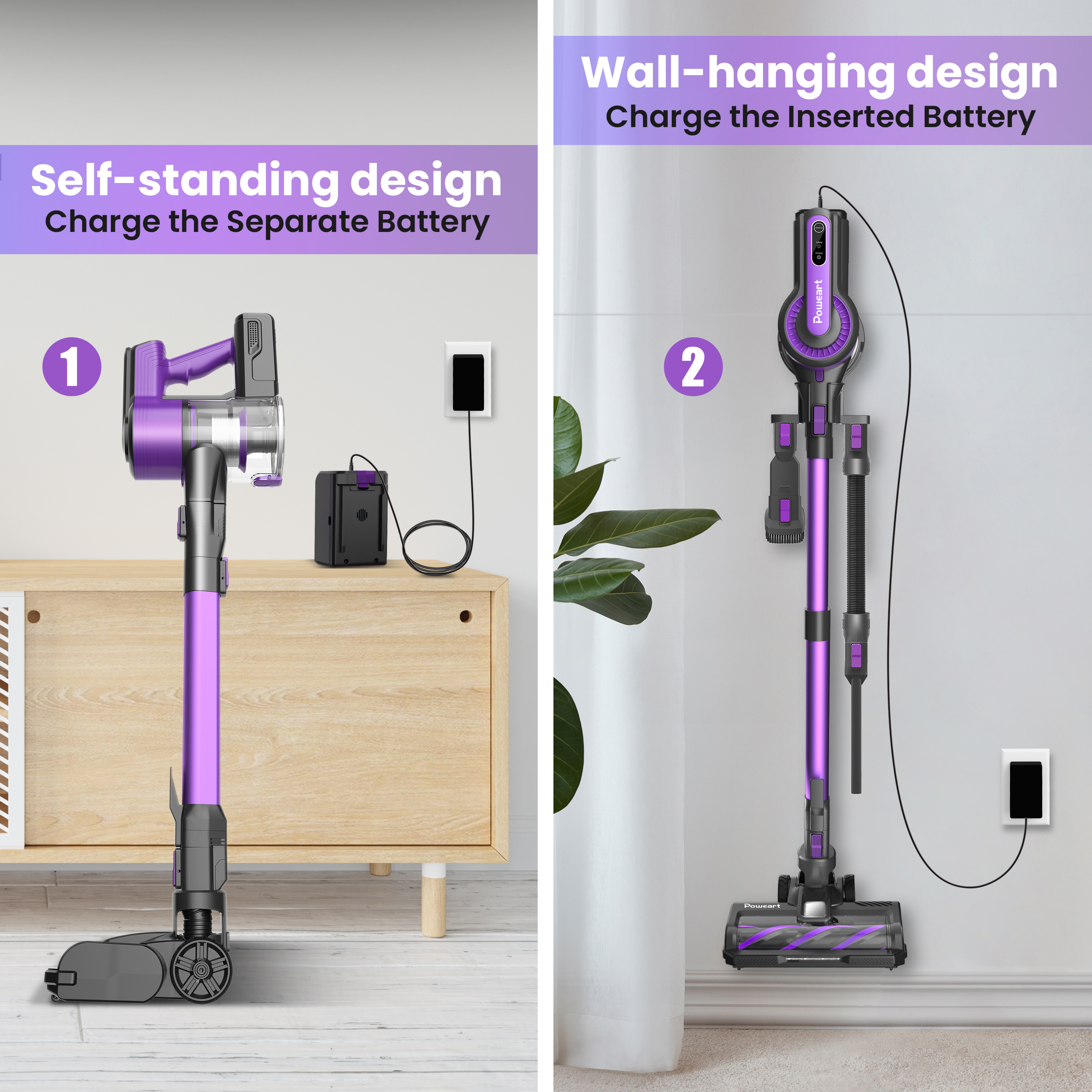 POWEART V870 Purple Cordless Vacuum 30KPa Suction 350W Motor 8-in-1 Cleaner