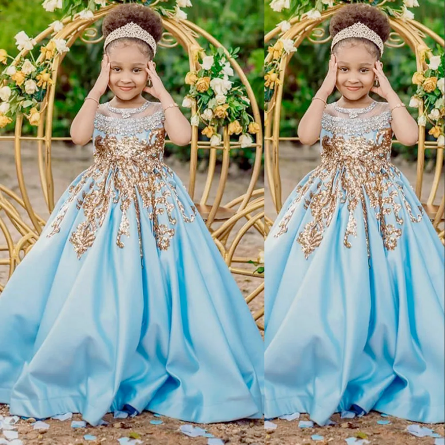 Light Blue Flower Girls Dresses For Weddings Gold Sequined Lace Appliques Silver Crystal Beaded Floor Length Birthday Children Kid Girl Pageant Gowns 