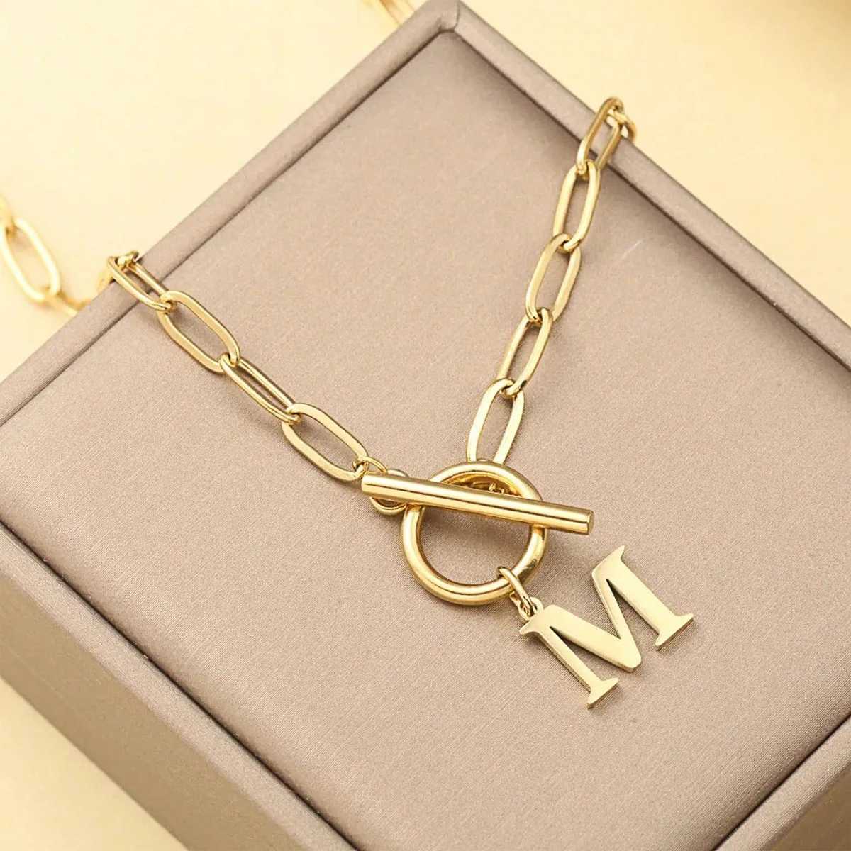 English Letter Initial Necklace 18K Gold Plated Stainless Steel OT Clasp Paper Clip Chain Necklace for Women G251217
