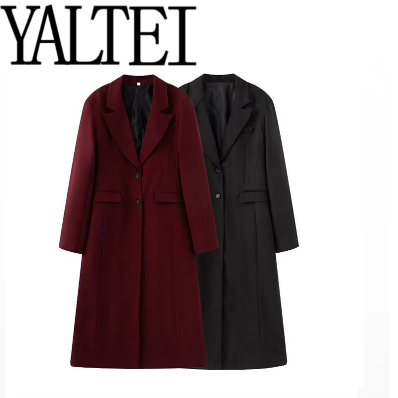 Burgundy Red Long Coat Womens Collar Single Button Full Sleeve Womens Jacket Spring/Summer Womens Office Coat 250409